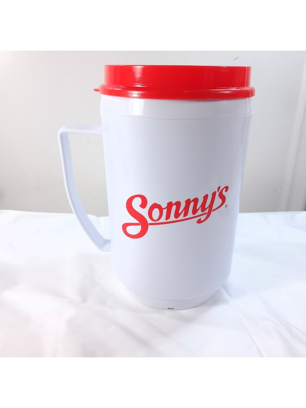 Sonny’s Real Pit Bar-B-Que travel Soda Mug Cup BBQ insulated red white w/ lid